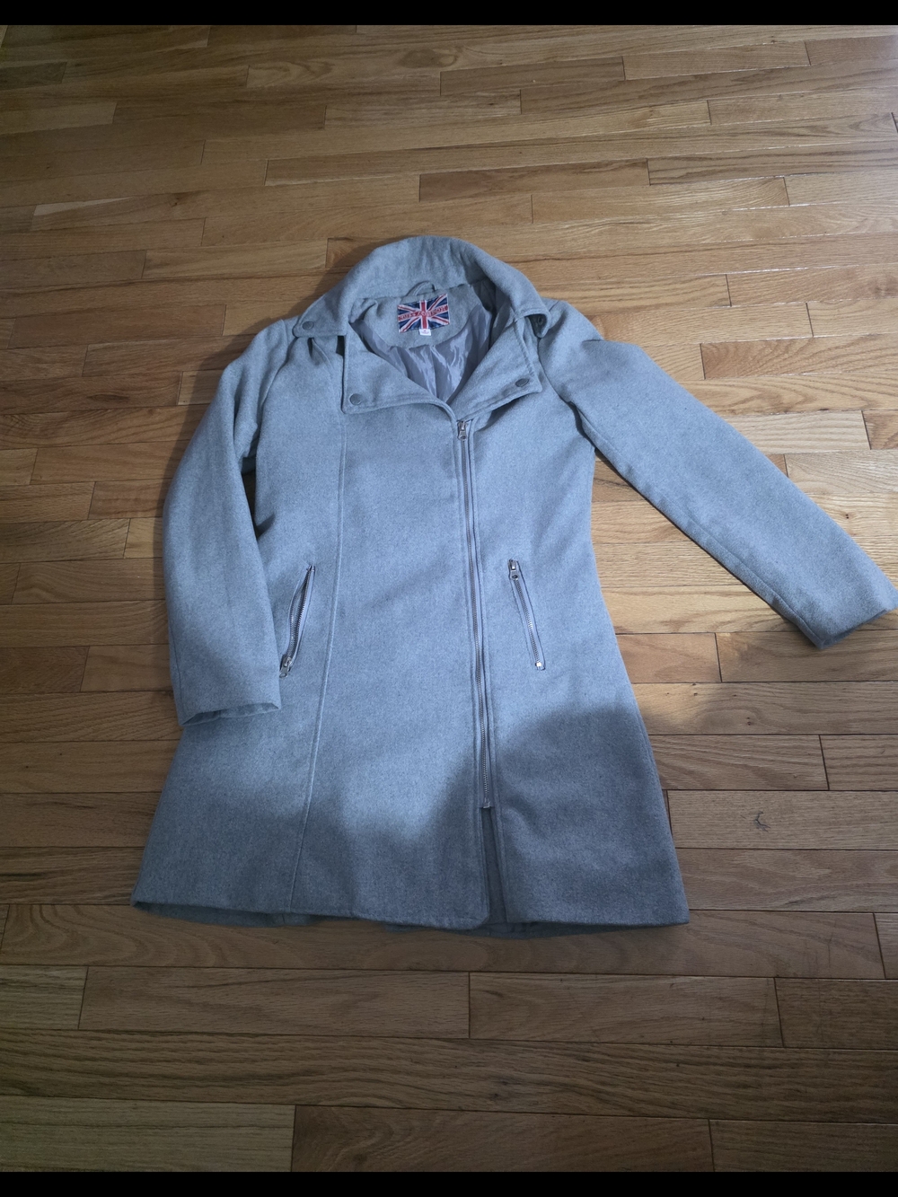 Miss London Light Gray Wool Blend Asymmetrical Zip Peacoat